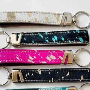 Western Hair On Cowhide Wristlet Keychain Brown with Turquoise Specks